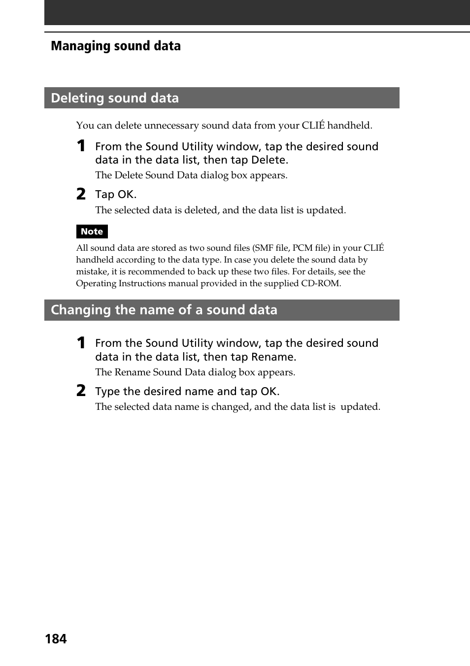 Deleting sound data, Changing the name of a sound data, Changing the name of a sound data 184 | Sony PEG-NR70V User Manual | Page 184 / 212
