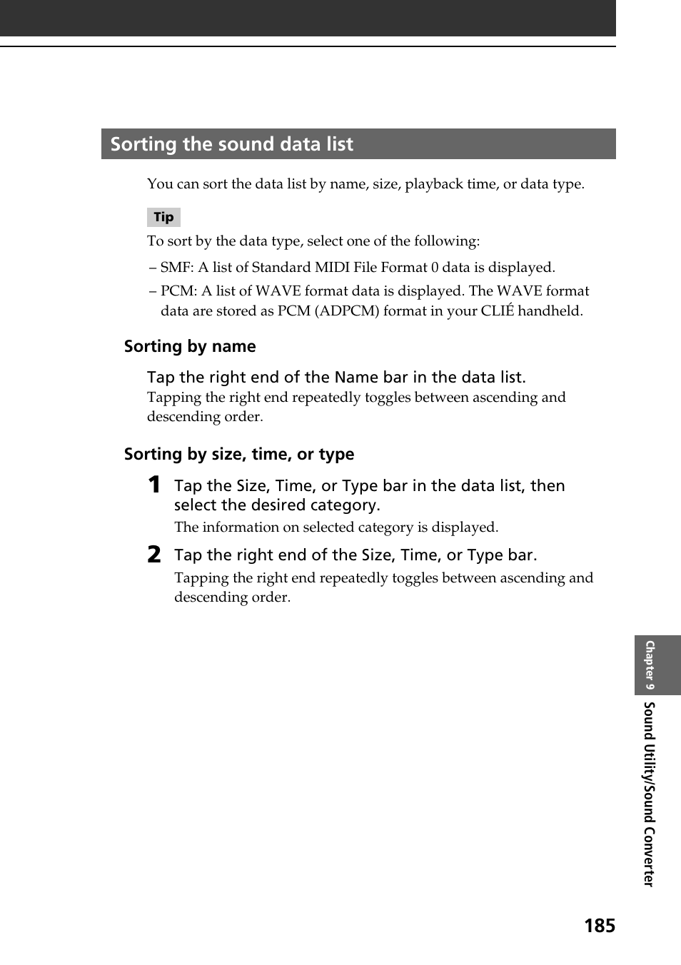 Sorting the sound data list | Sony PEG-NR70V User Manual | Page 185 / 212