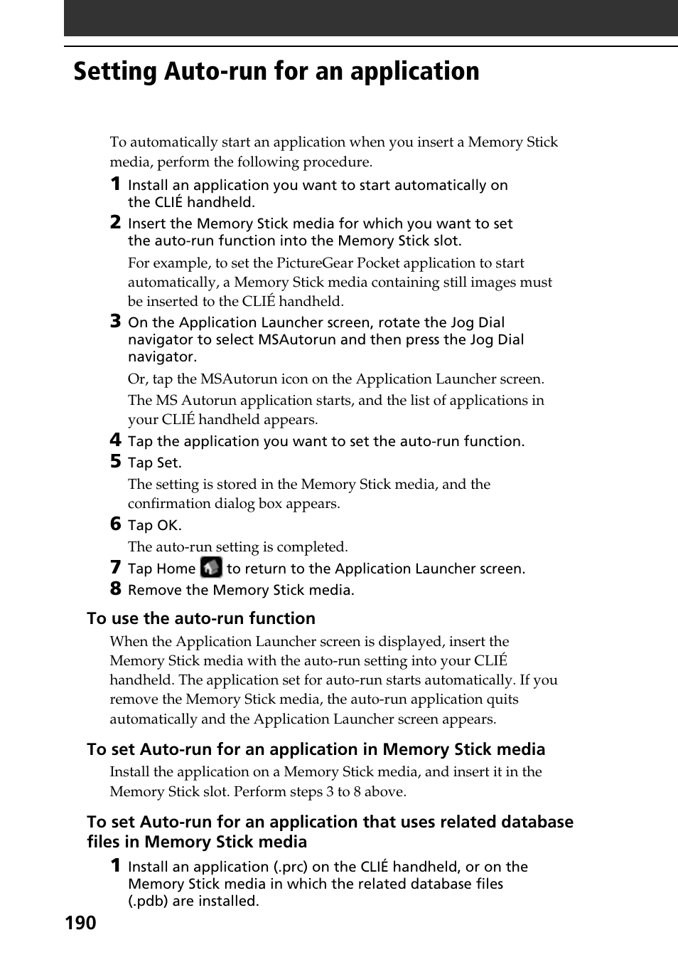 Setting auto-run for an application, Setting auto-run for an application 190 | Sony PEG-NR70V User Manual | Page 190 / 212