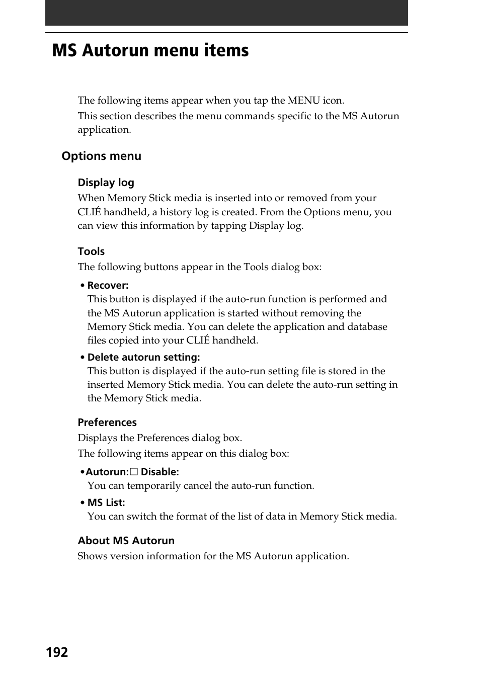 Ms autorun menu items | Sony PEG-NR70V User Manual | Page 192 / 212