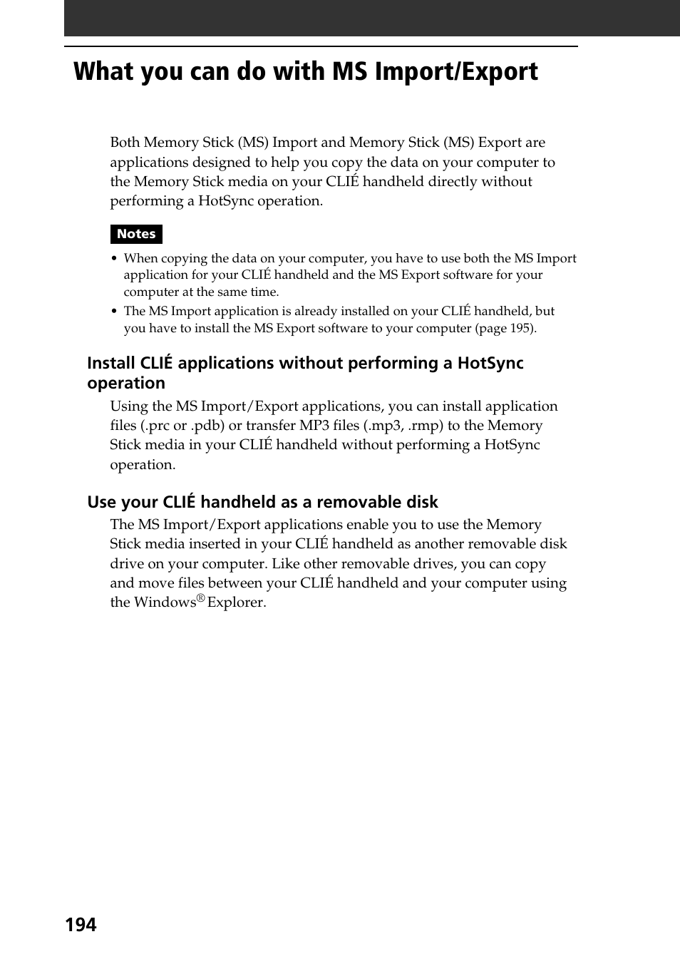 What you can do with ms import/export | Sony PEG-NR70V User Manual | Page 194 / 212