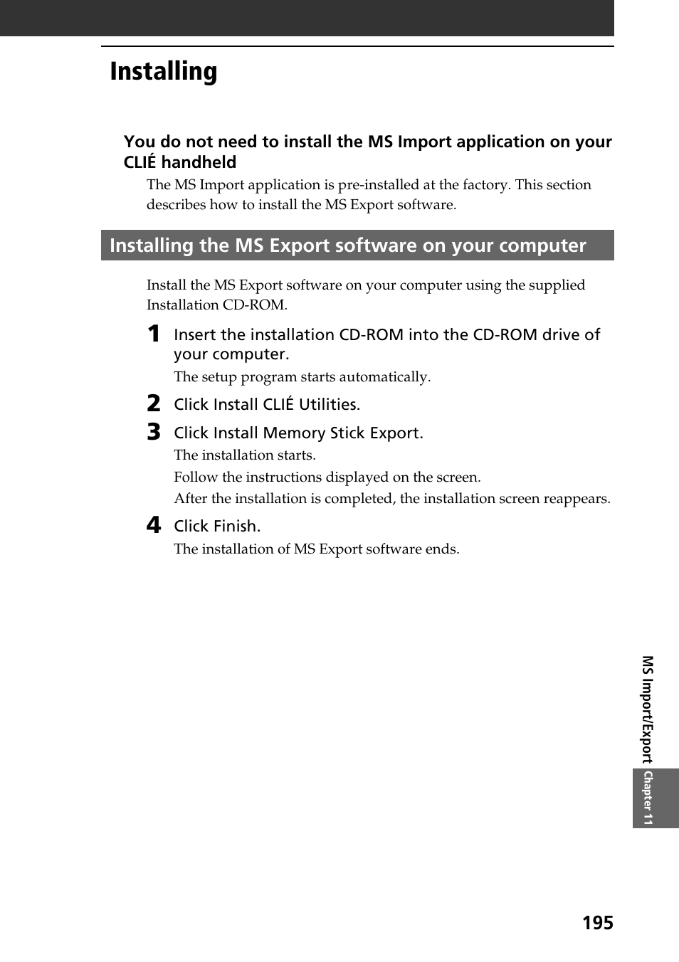 Installing, Installing the ms export software on your computer | Sony PEG-NR70V User Manual | Page 195 / 212