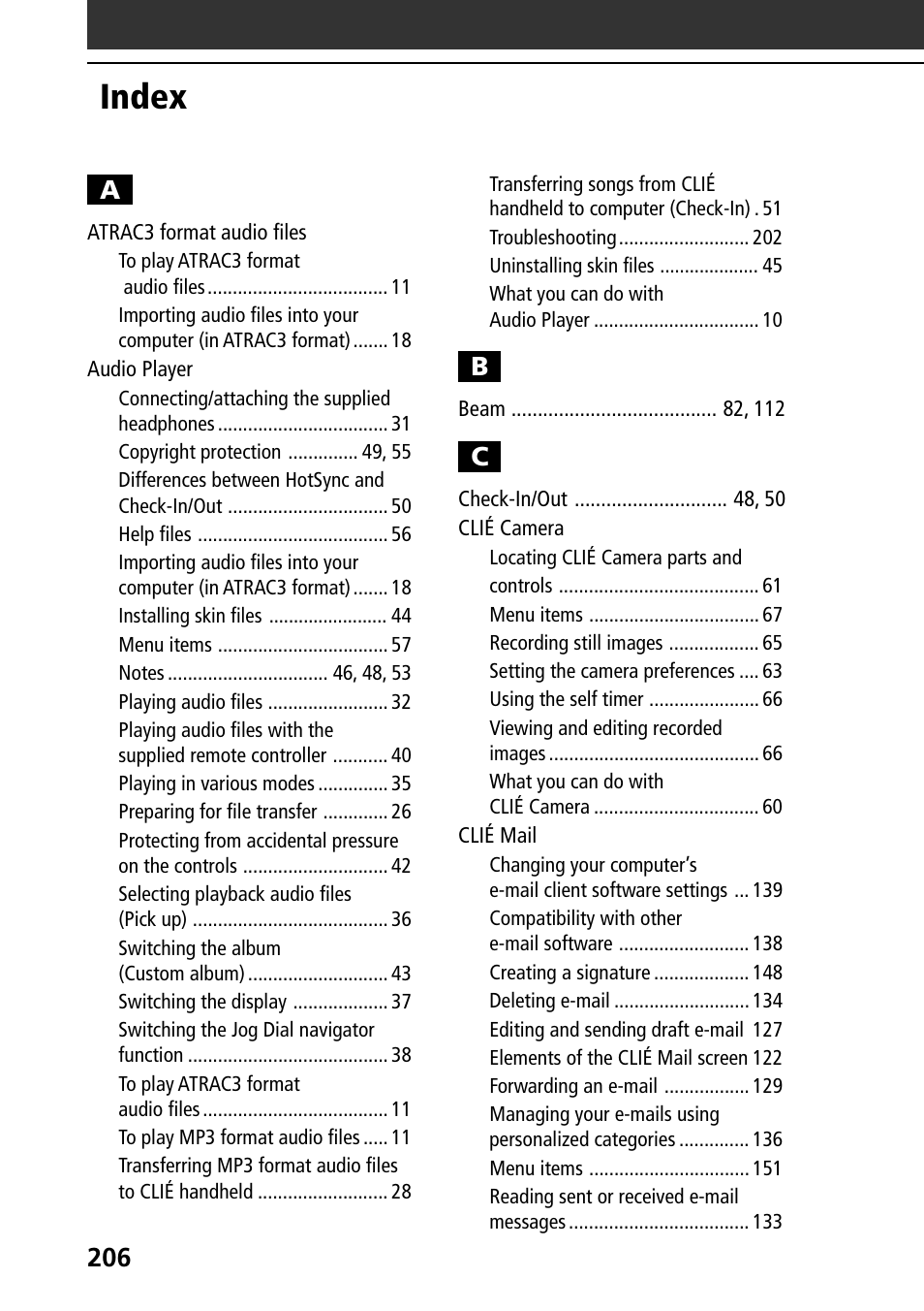 Index | Sony PEG-NR70V User Manual | Page 206 / 212