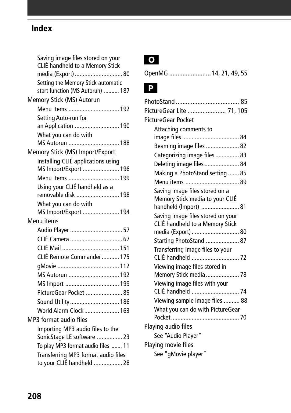 Index o | Sony PEG-NR70V User Manual | Page 208 / 212