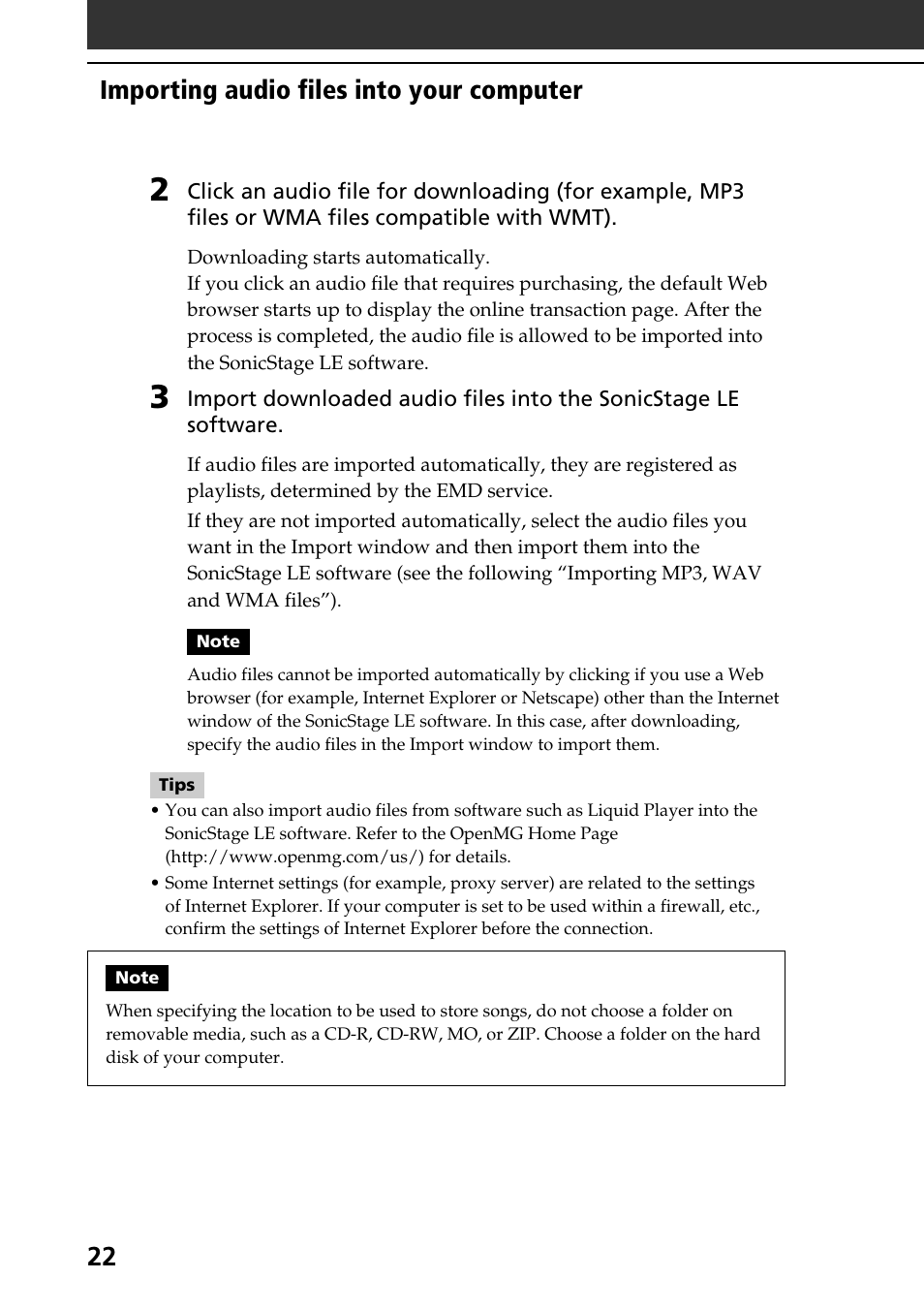 22 importing audio files into your computer | Sony PEG-NR70V User Manual | Page 22 / 212