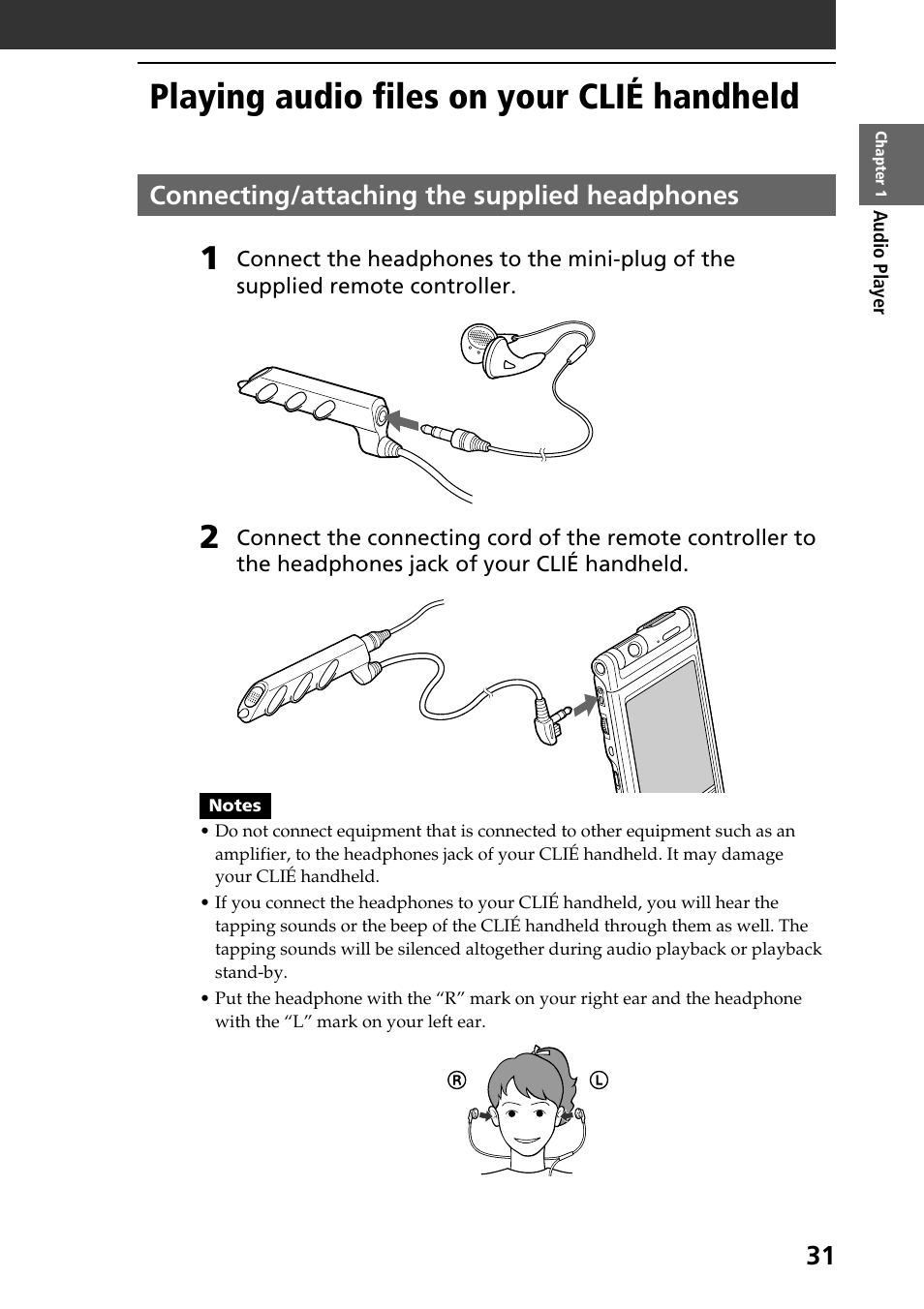 Playing audio files on your clié handheld, Connecting/attaching the supplied headphones | Sony PEG-NR70V User Manual | Page 31 / 212