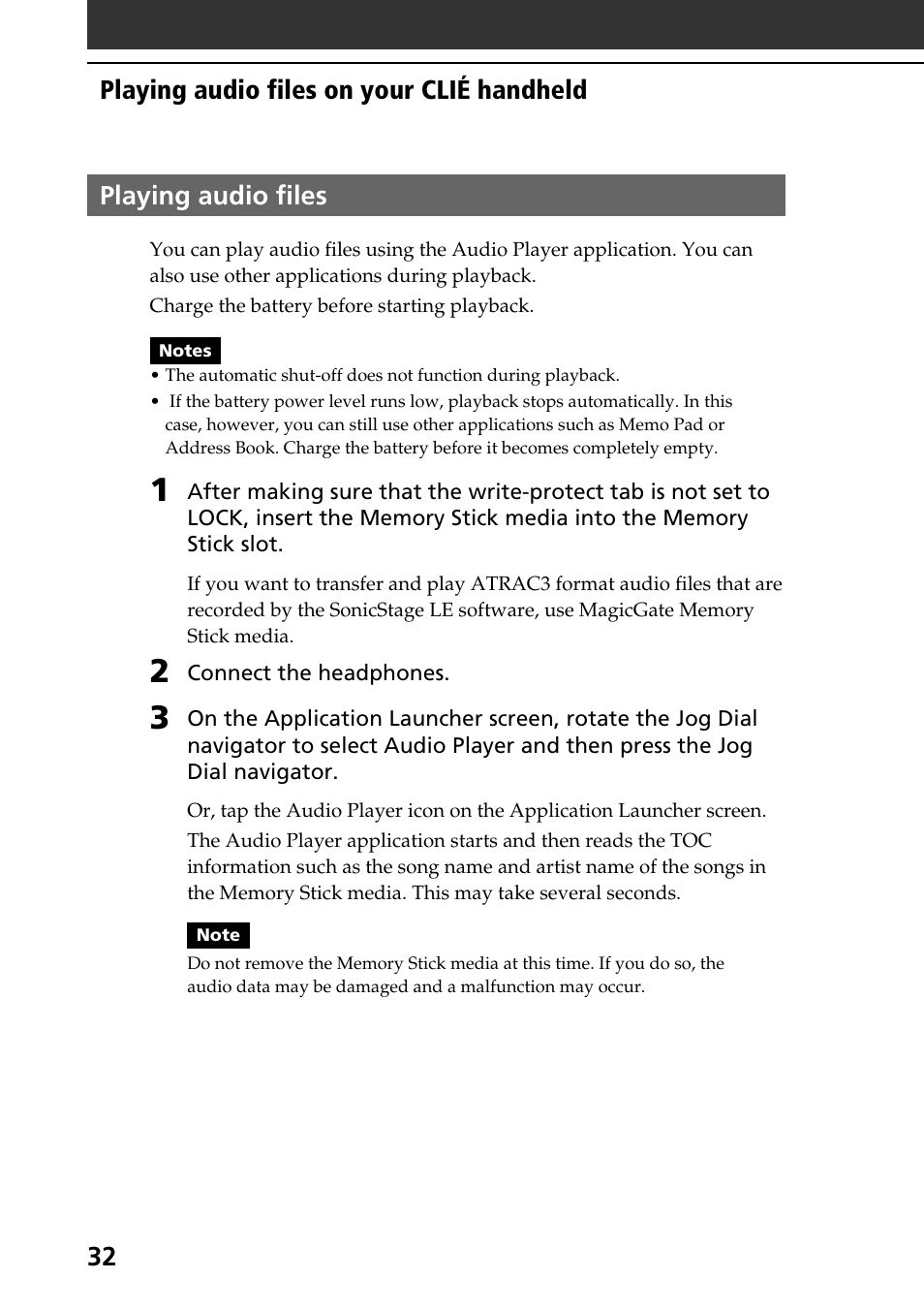 Playing audio files | Sony PEG-NR70V User Manual | Page 32 / 212