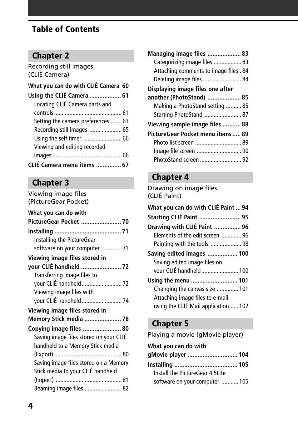 4table of contents chapter 2, Chapter 3, Chapter 4 | Chapter 5 | Sony PEG-NR70V User Manual | Page 4 / 212