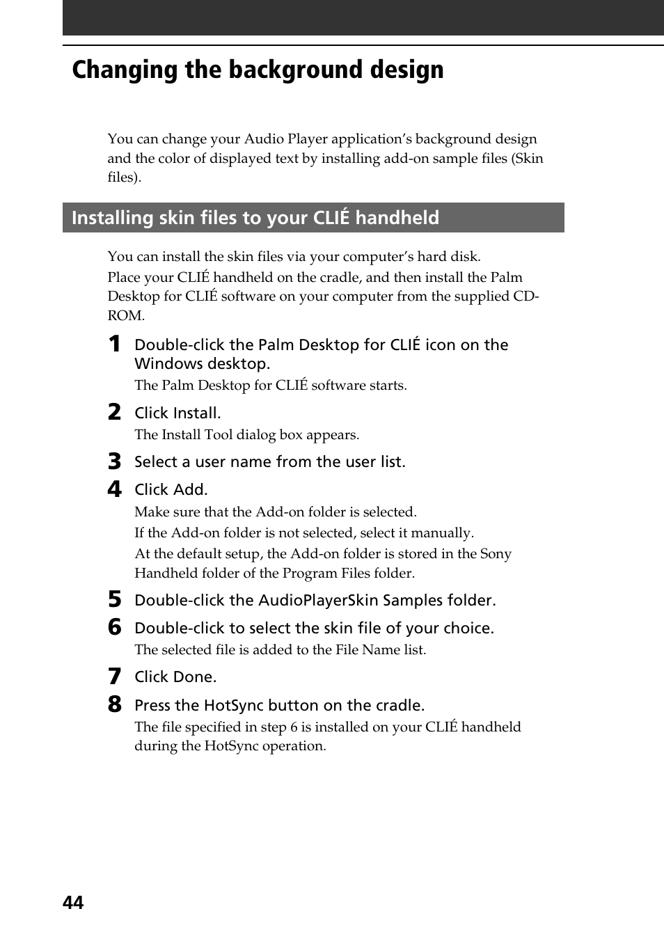 Changing the background design, Installing skin files to your clié handheld | Sony PEG-NR70V User Manual | Page 44 / 212