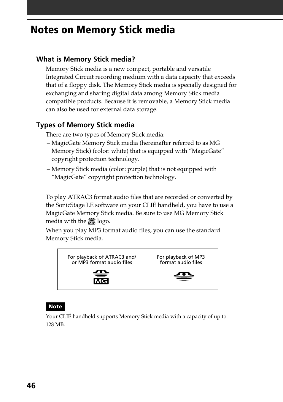 Notes on memory stick media | Sony PEG-NR70V User Manual | Page 46 / 212