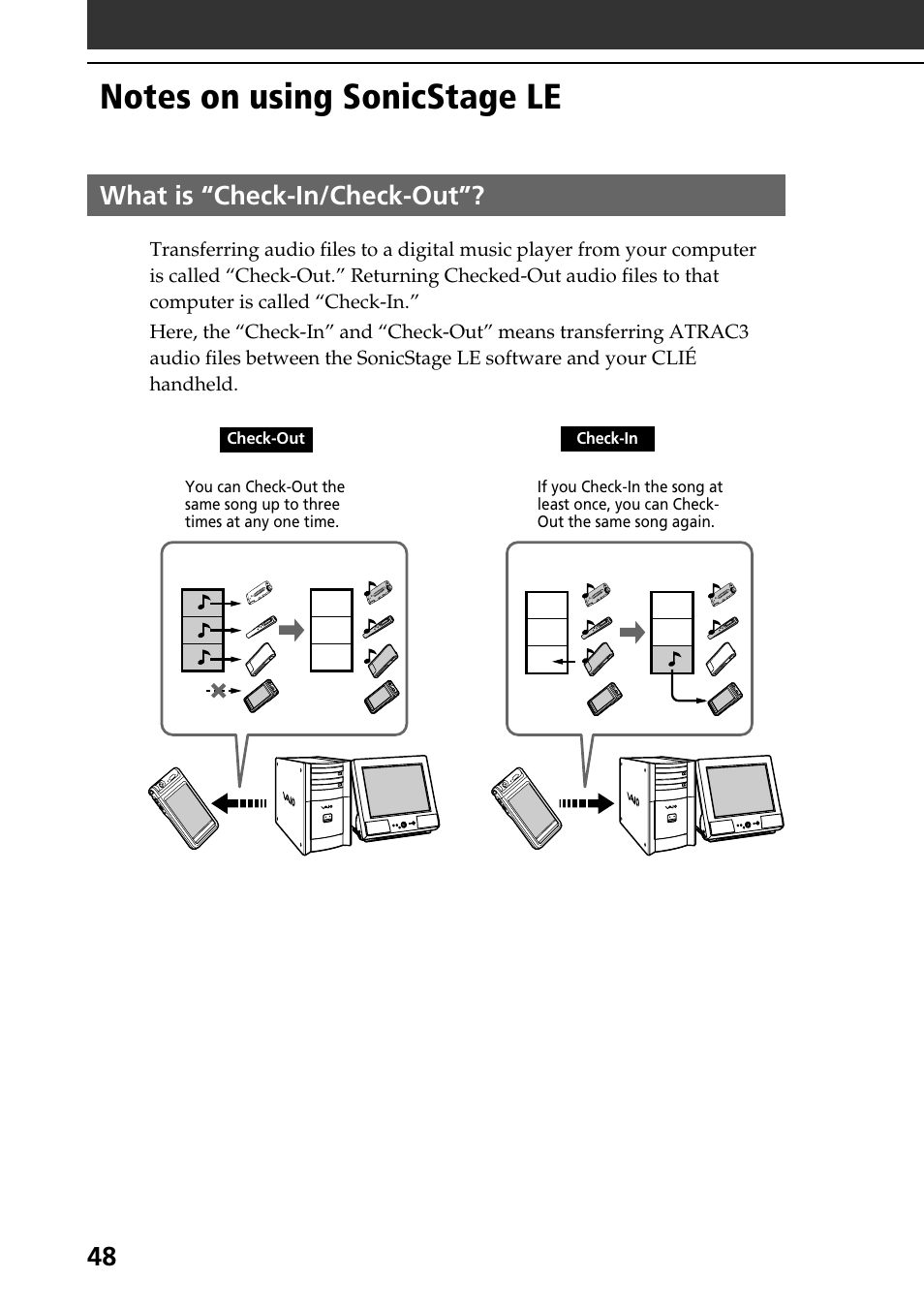 Notes on using sonicstage le, What is “check-in/check-out, 48 what is “check-in/check-out | Sony PEG-NR70V User Manual | Page 48 / 212