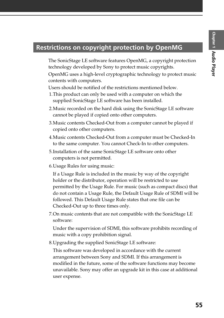 Restrictions on copyright protection by openmg | Sony PEG-NR70V User Manual | Page 55 / 212