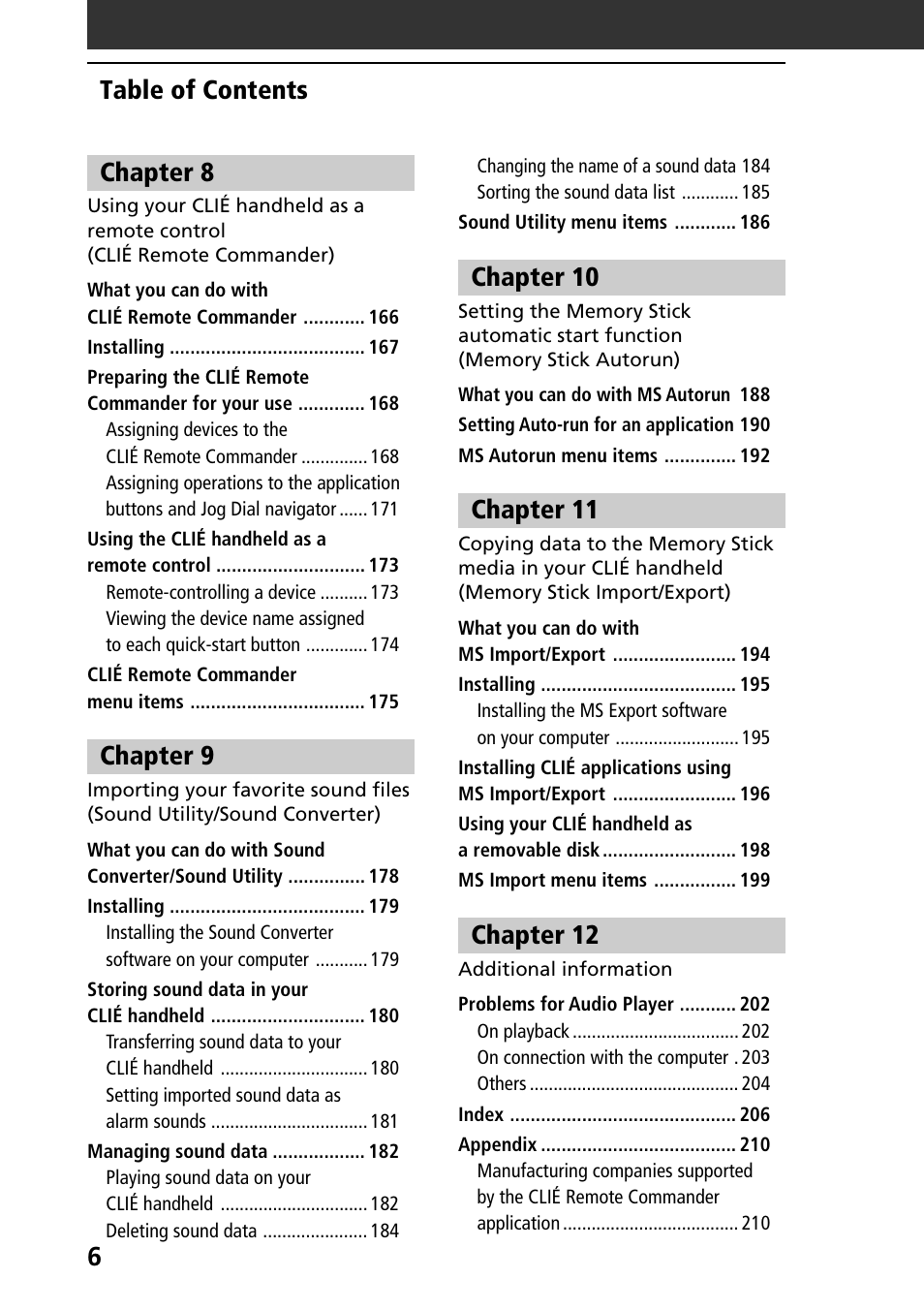 6table of contents chapter 8, Chapter 9, Chapter 10 | Chapter 11, Chapter 12 | Sony PEG-NR70V User Manual | Page 6 / 212