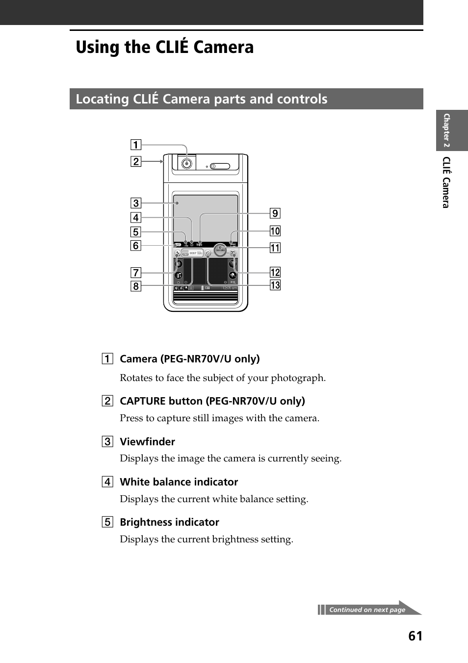 Using the clié camera, Locating clié camera parts and controls | Sony PEG-NR70V User Manual | Page 61 / 212