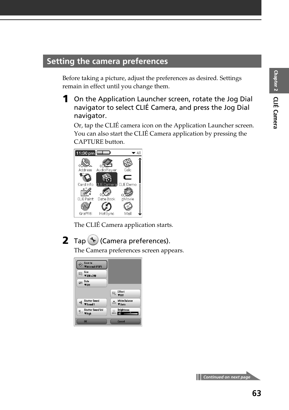 Setting the camera preferences | Sony PEG-NR70V User Manual | Page 63 / 212