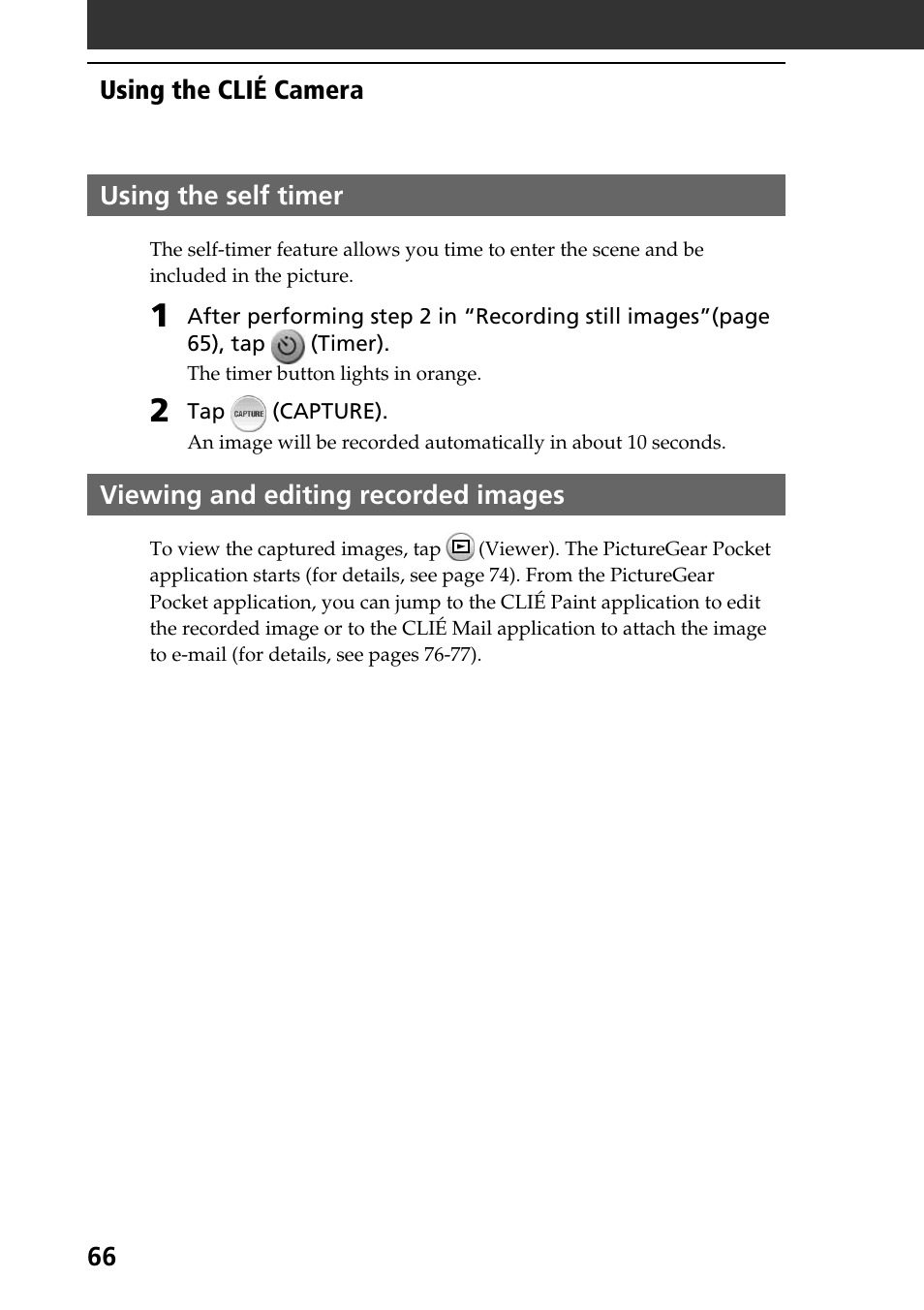 Using the self timer, Viewing and editing recorded images | Sony PEG-NR70V User Manual | Page 66 / 212