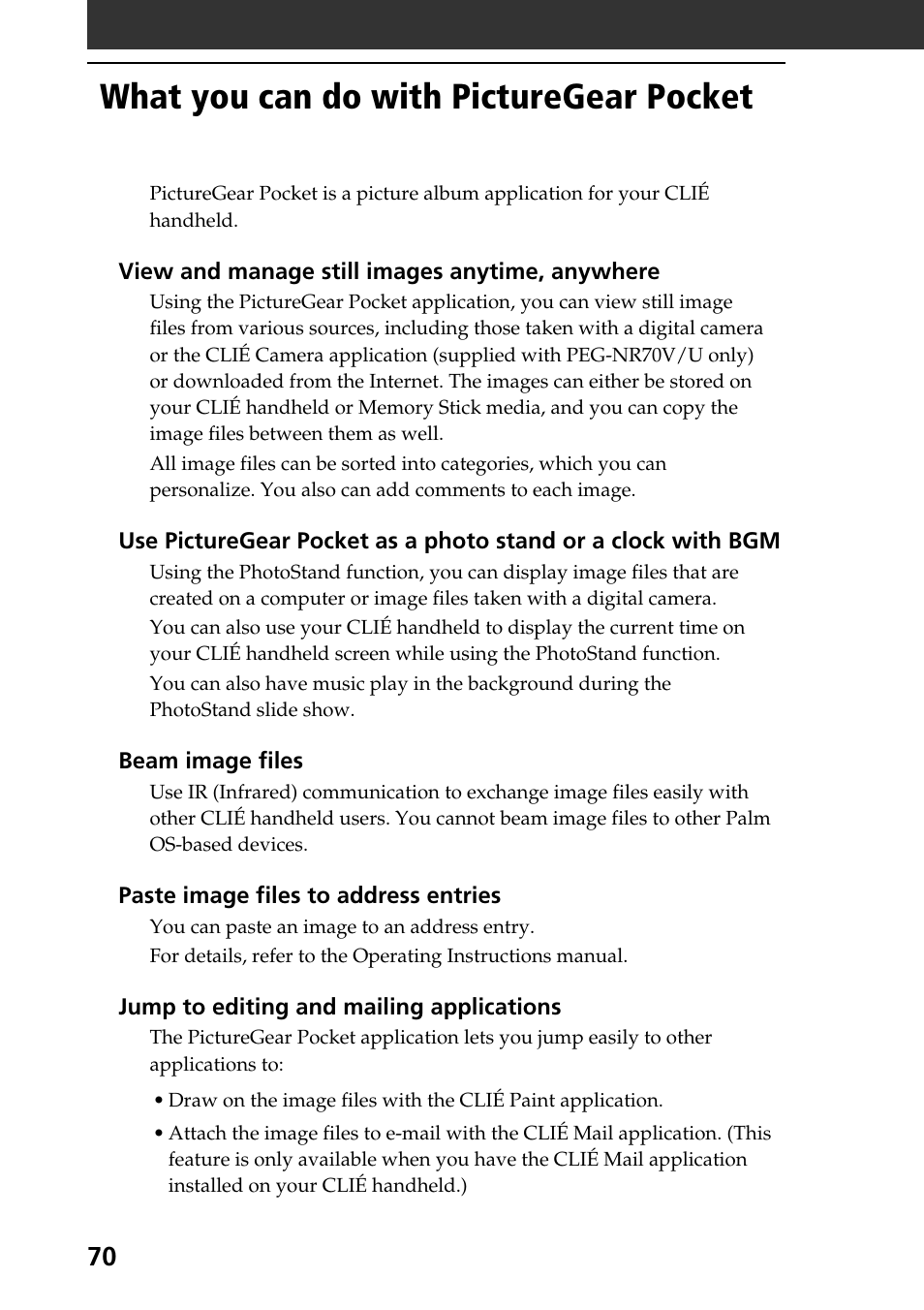 What you can do with picturegear pocket | Sony PEG-NR70V User Manual | Page 70 / 212