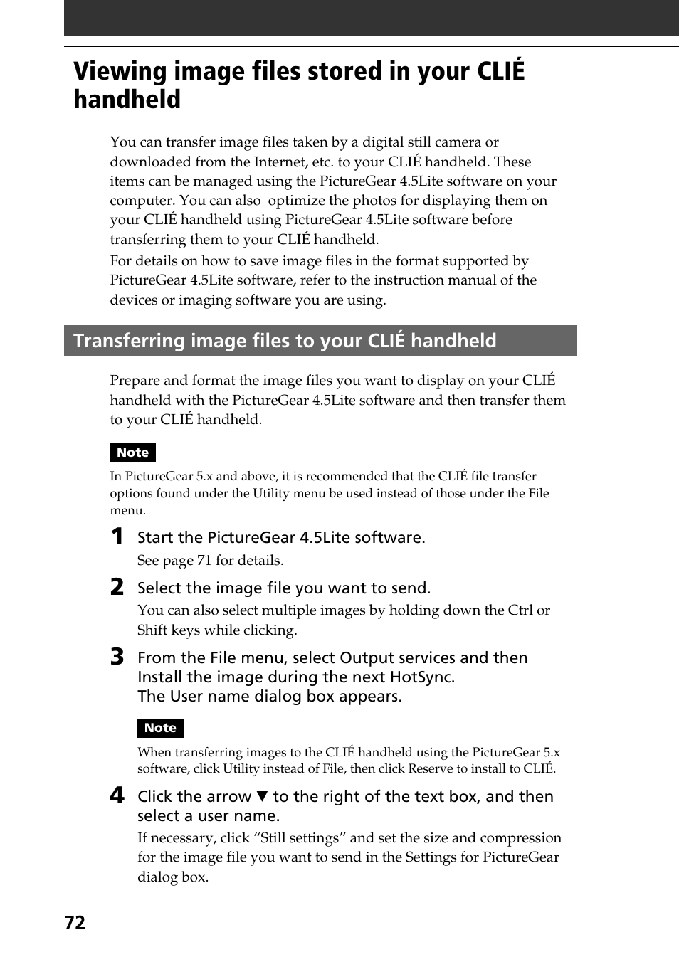 Viewing image files stored in your clié handheld, Transferring image files to your clié handheld | Sony PEG-NR70V User Manual | Page 72 / 212
