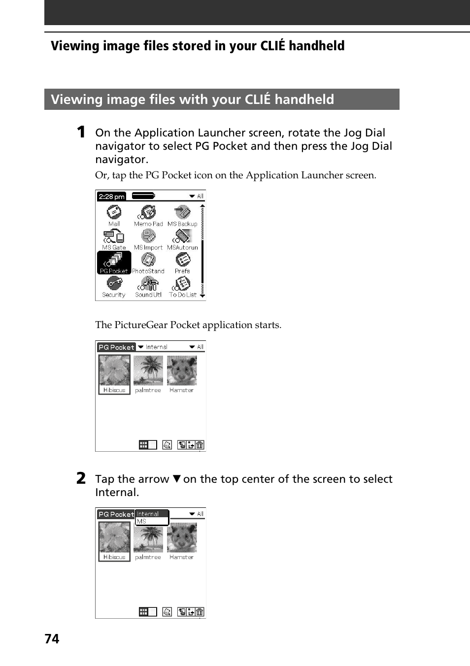 Viewing image files with your clié handheld | Sony PEG-NR70V User Manual | Page 74 / 212