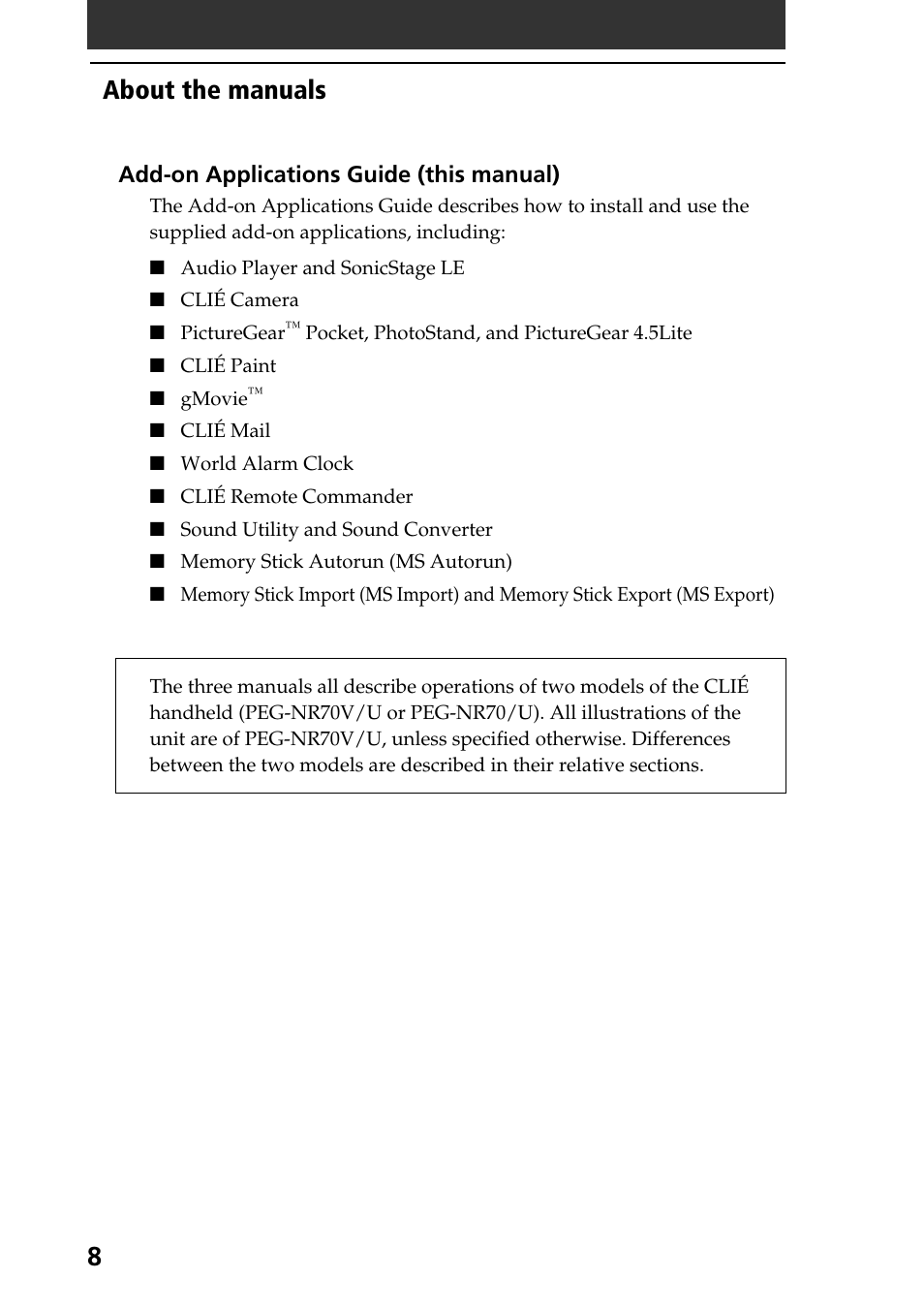 About the manuals | Sony PEG-NR70V User Manual | Page 8 / 212