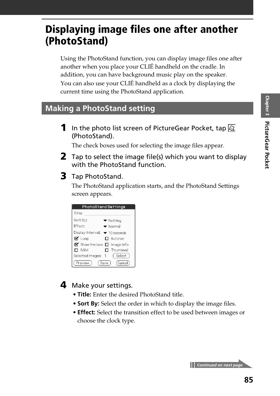 Making a photostand setting | Sony PEG-NR70V User Manual | Page 85 / 212