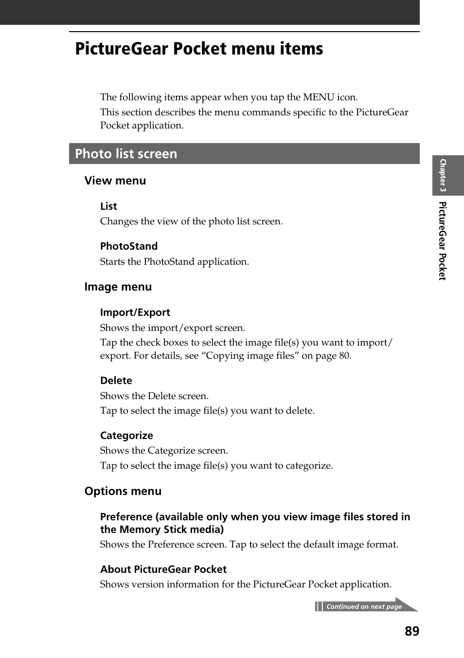 Picturegear pocket menu items, Photo list screen | Sony PEG-NR70V User Manual | Page 89 / 212