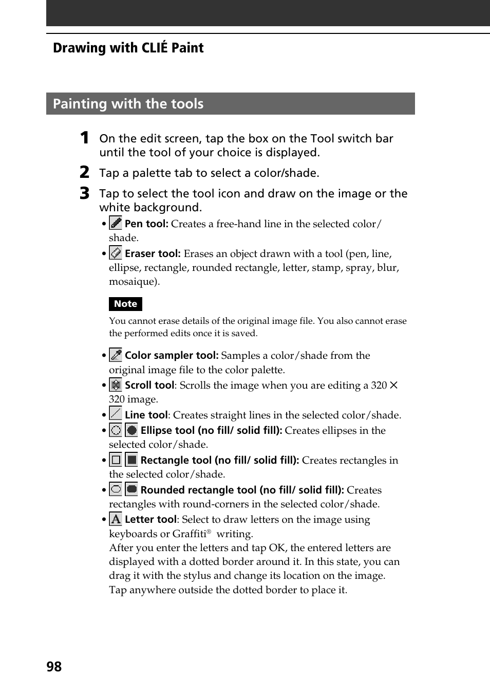 Painting with the tools, 98 drawing with clié paint painting with the tools | Sony PEG-NR70V User Manual | Page 98 / 212