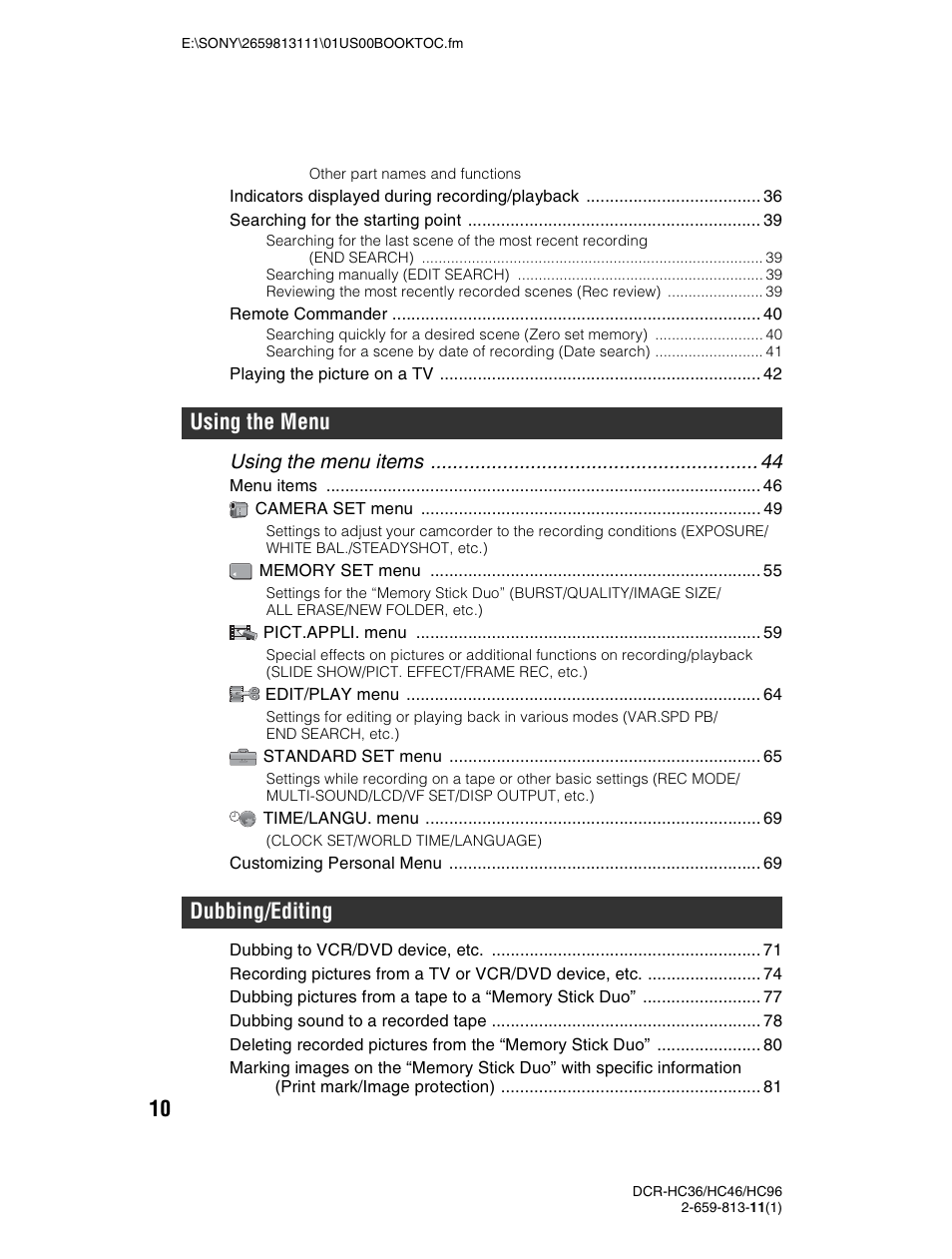 Using the menu dubbing/editing | Sony DCR-HC36 User Manual | Page 10 / 140