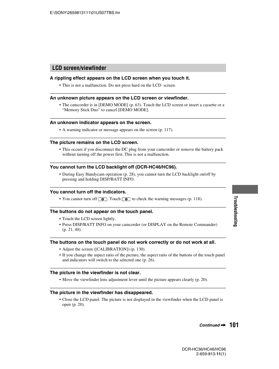 Lcd screen/viewfinder | Sony DCR-HC36 User Manual | Page 101 / 140