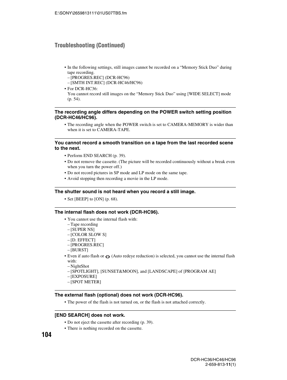 Troubleshooting (continued) | Sony DCR-HC36 User Manual | Page 104 / 140