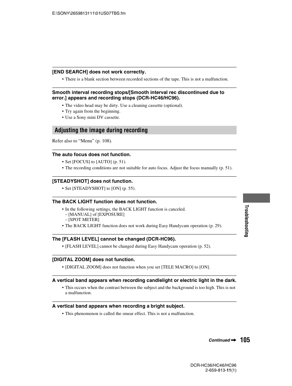 Adjusting the image during recording” (p. 105, Adjusting the image during recording | Sony DCR-HC36 User Manual | Page 105 / 140