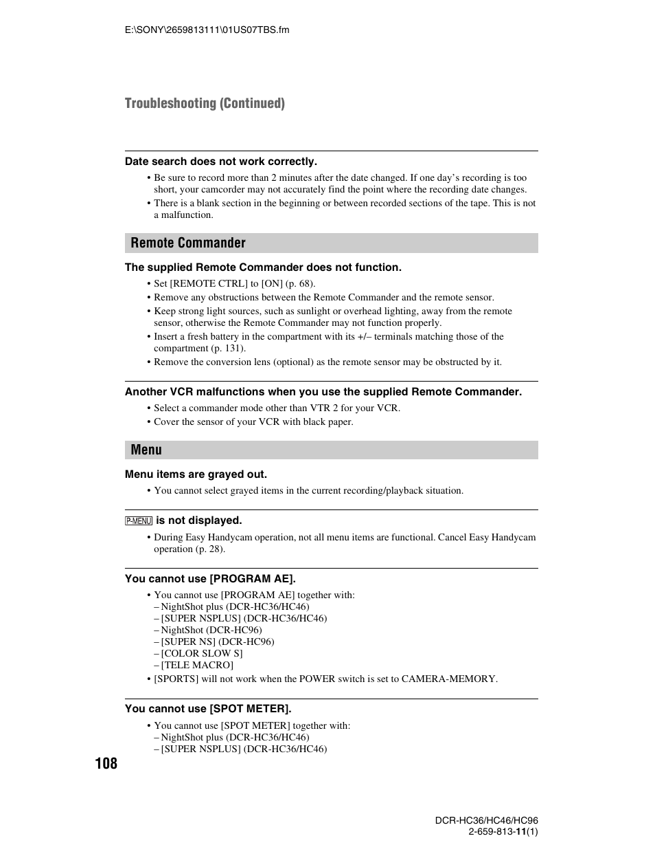 Menu, P. 108), Remote commander menu troubleshooting (continued) | Sony DCR-HC36 User Manual | Page 108 / 140