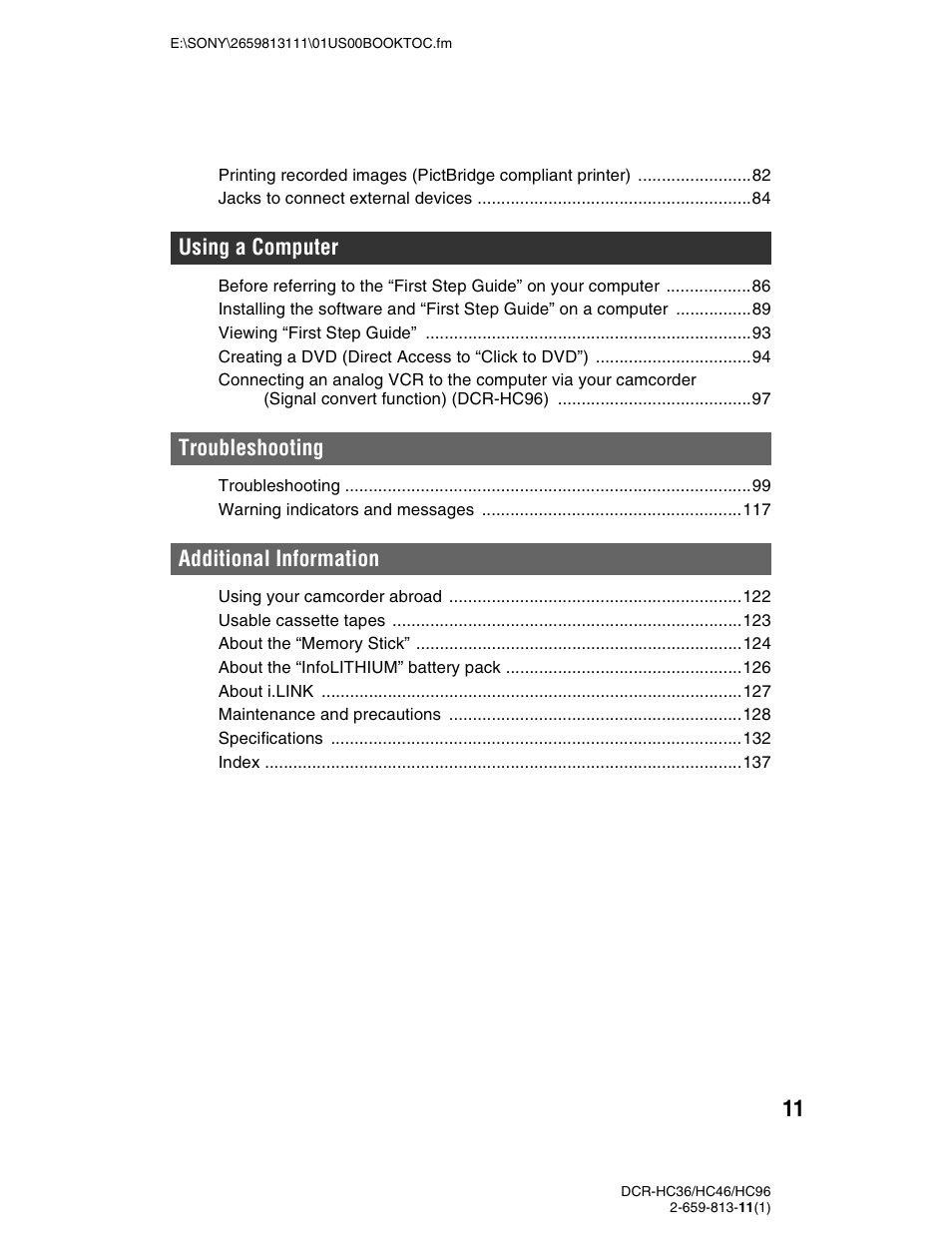Sony DCR-HC36 User Manual | Page 11 / 140