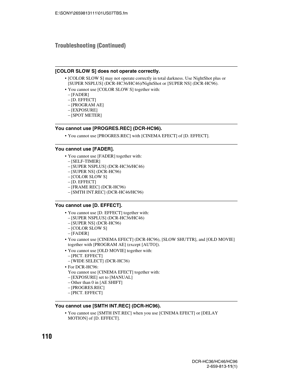 Troubleshooting (continued) | Sony DCR-HC36 User Manual | Page 110 / 140