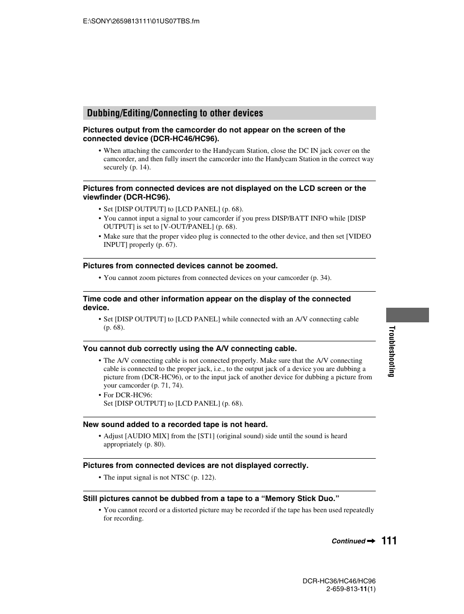 Dubbing/editing/connecting to other devices | Sony DCR-HC36 User Manual | Page 111 / 140