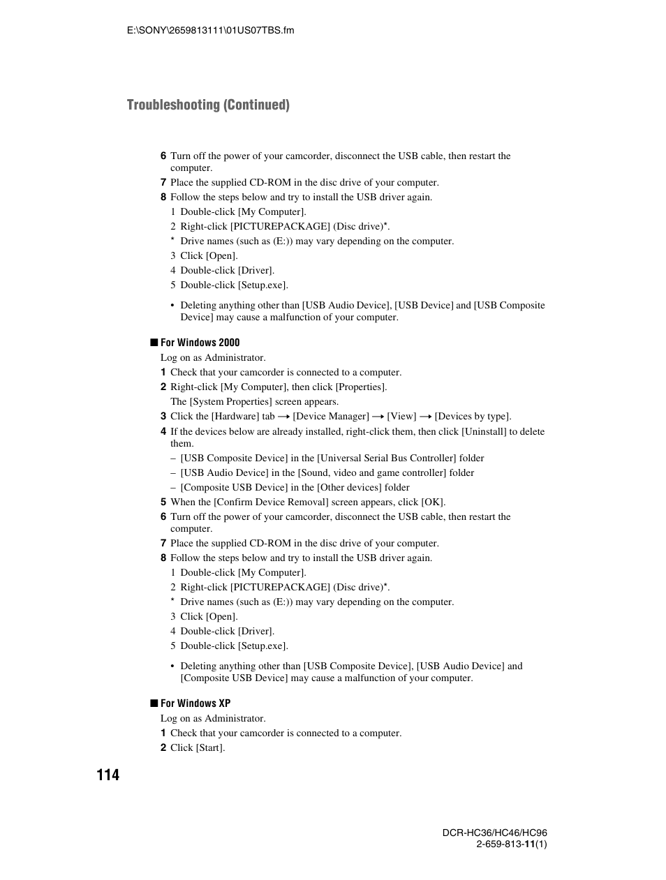 Troubleshooting (continued) | Sony DCR-HC36 User Manual | Page 114 / 140