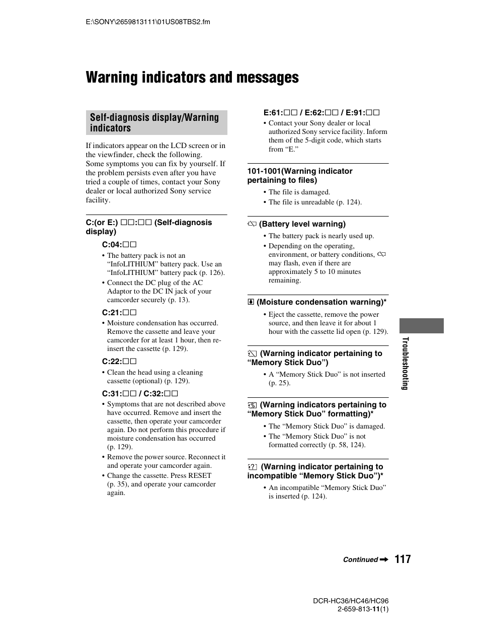 Warning indicators and messages, P. 117, Self-diagnosis display/warning indicators | Sony DCR-HC36 User Manual | Page 117 / 140