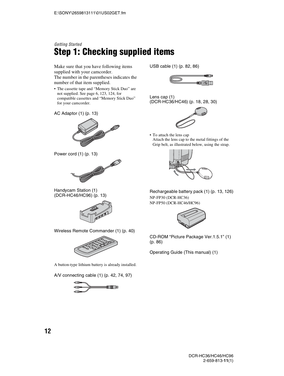 Getting started, Step 1: checking supplied items | Sony DCR-HC36 User Manual | Page 12 / 140