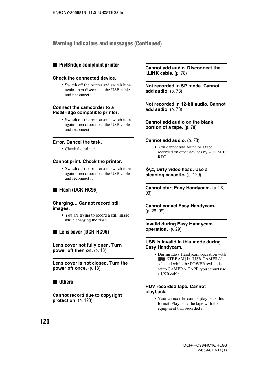 Warning indicators and messages (continued) | Sony DCR-HC36 User Manual | Page 120 / 140