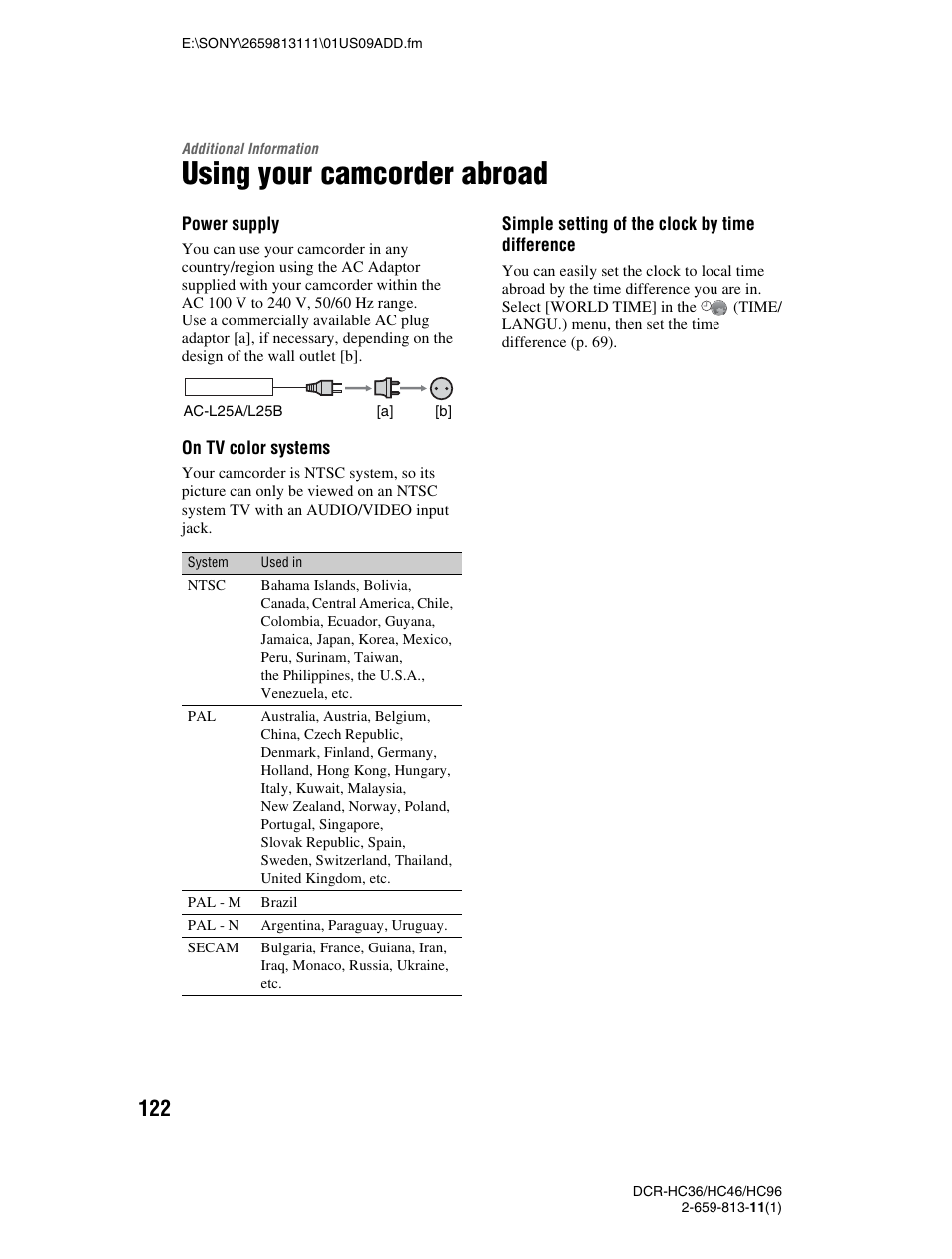 Additional information, Using your camcorder abroad, P. 122) | Sony DCR-HC36 User Manual | Page 122 / 140