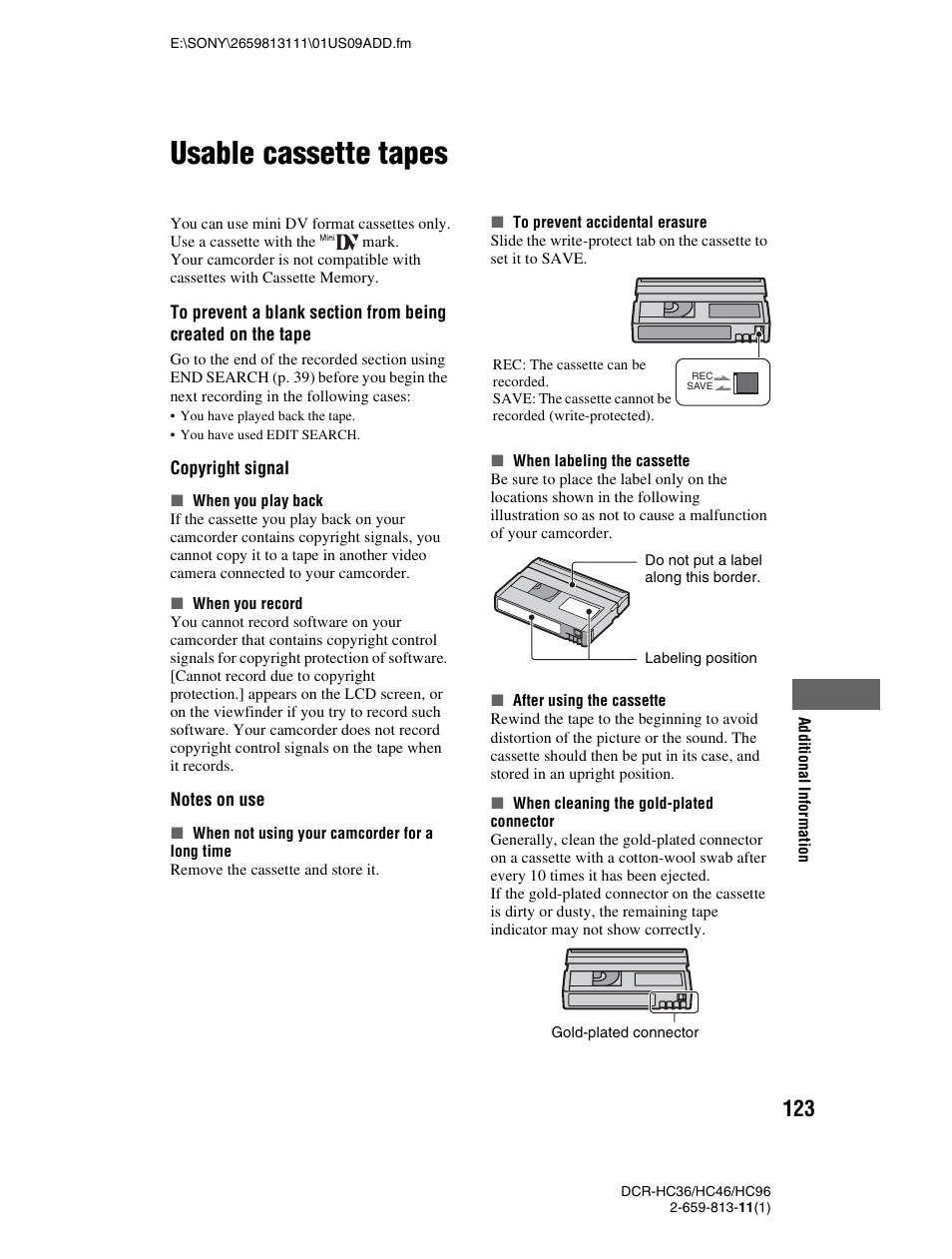 Usable cassette tapes, P. 123) | Sony DCR-HC36 User Manual | Page 123 / 140