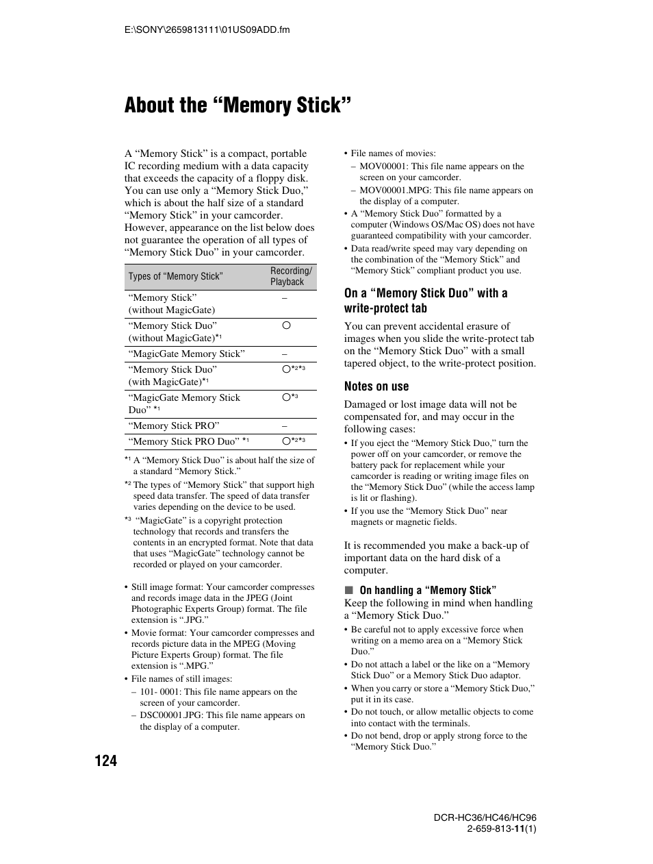 About the “memory stick, P. 124), P. 124 | Sony DCR-HC36 User Manual | Page 124 / 140