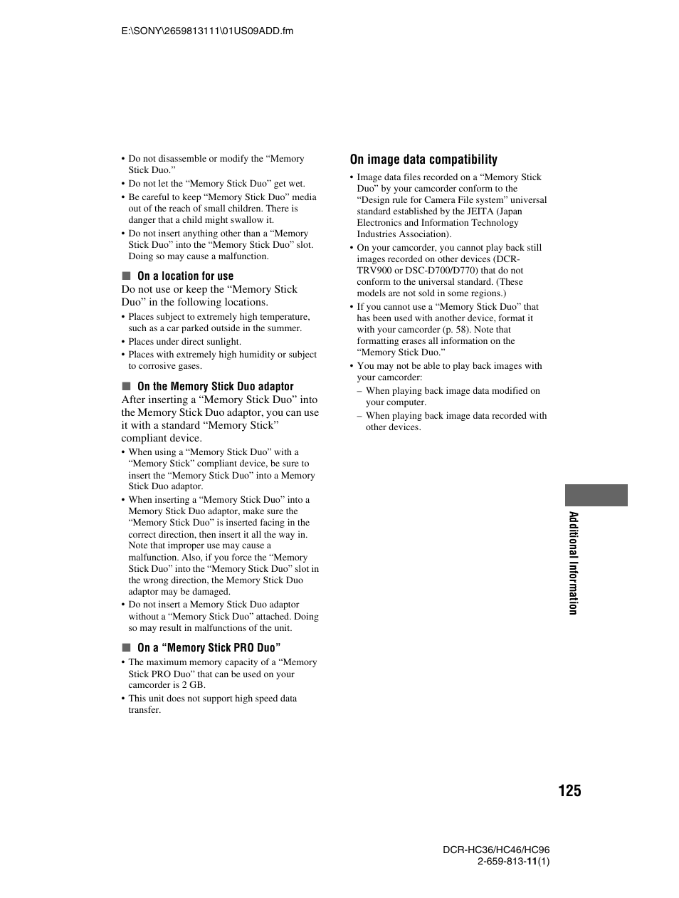P. 125, P. 125), On image data compatibility | Sony DCR-HC36 User Manual | Page 125 / 140