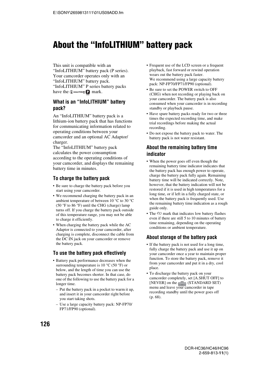 About the “infolithium” battery pack, P. 126), What is an “infolithium” battery pack | About the remaining battery time indicator, About storage of the battery pack | Sony DCR-HC36 User Manual | Page 126 / 140
