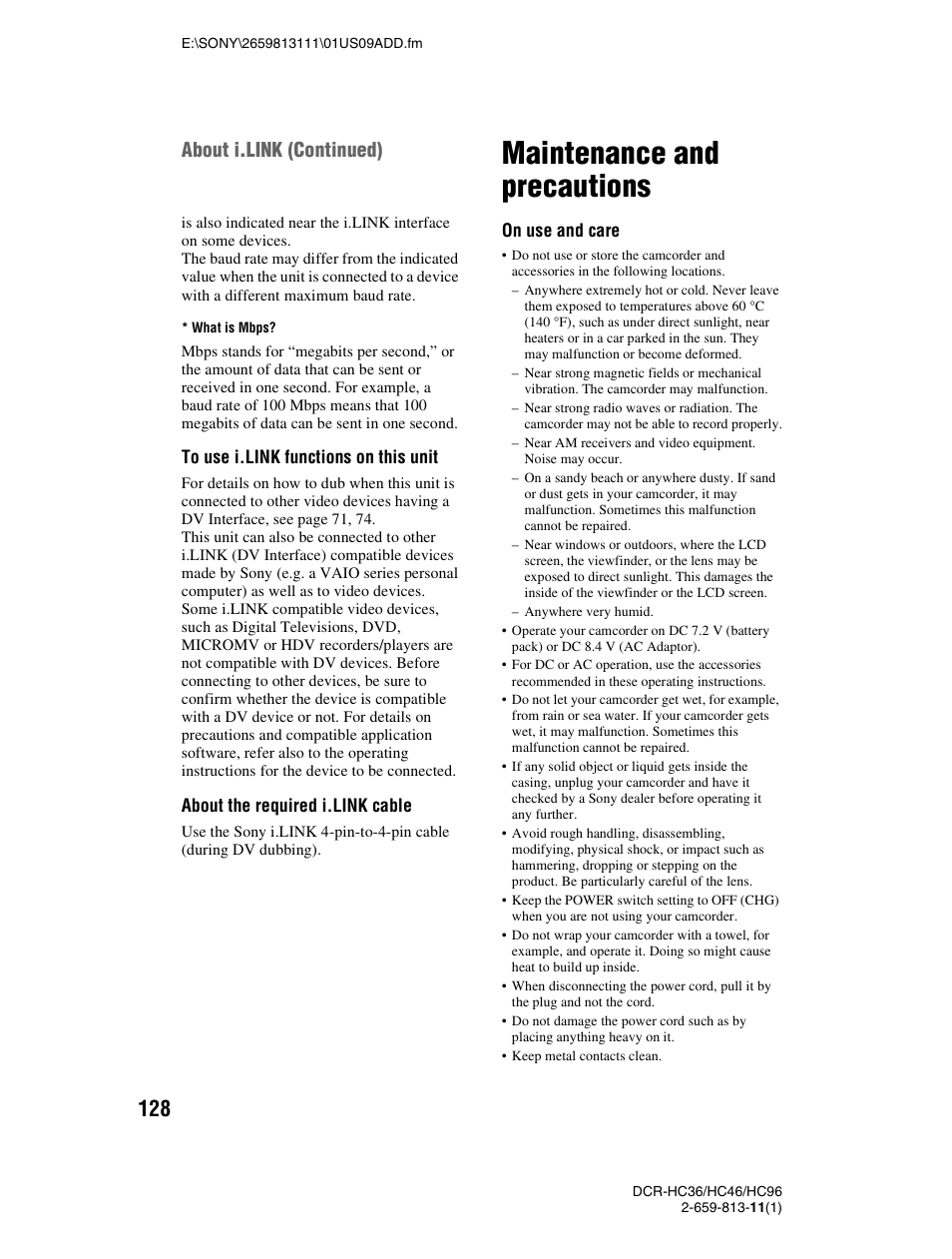Maintenance and precautions, About i.link (continued), About the required i.link cable | On use and care | Sony DCR-HC36 User Manual | Page 128 / 140