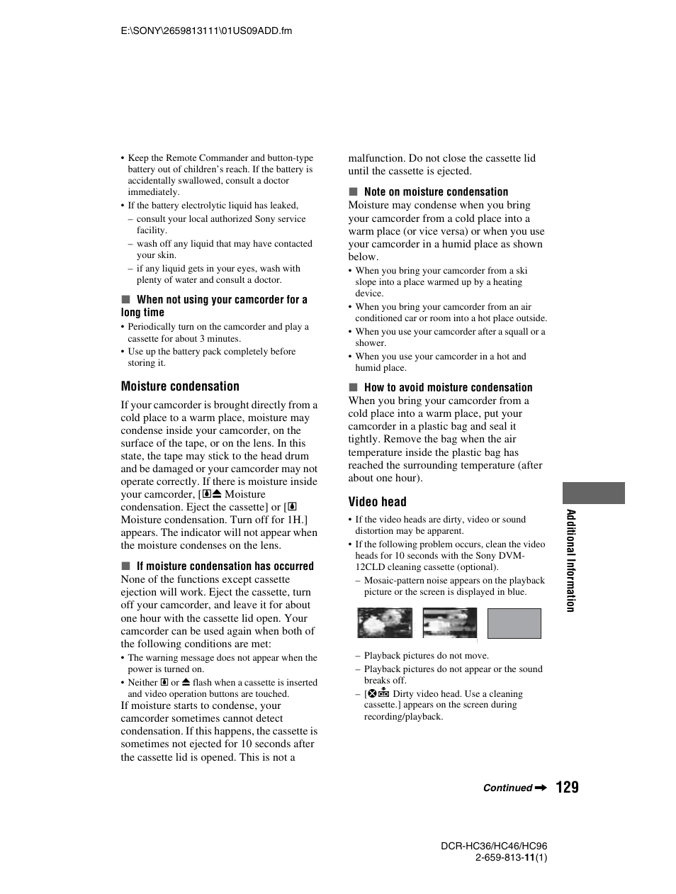 P. 129), E (p. 129, P. 129 | N (p. 129), Moisture condensation, Video head | Sony DCR-HC36 User Manual | Page 129 / 140