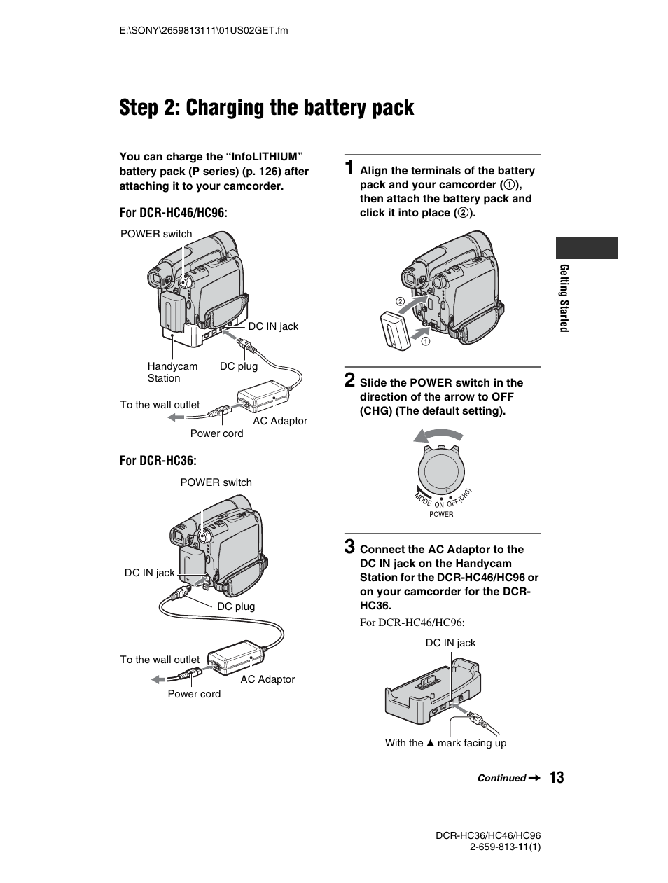 Step 2: charging the battery pack, R (1) (p. 13), Rd (1) (p. 13) | P. 13), P. 13 | Sony DCR-HC36 User Manual | Page 13 / 140