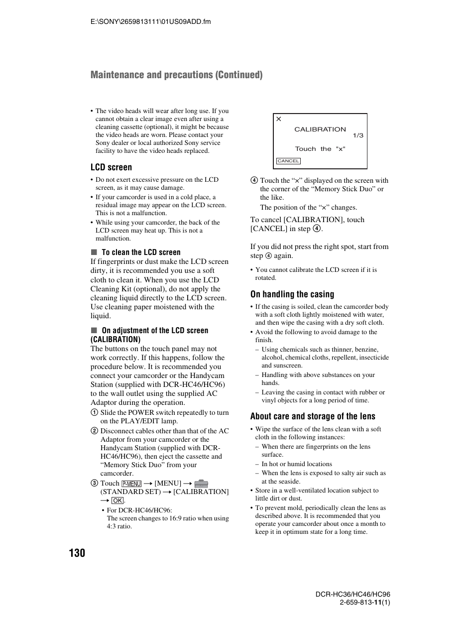 P. 130), Ration]) (p. 130, Maintenance and precautions (continued) | Lcd screen, On handling the casing, About care and storage of the lens | Sony DCR-HC36 User Manual | Page 130 / 140