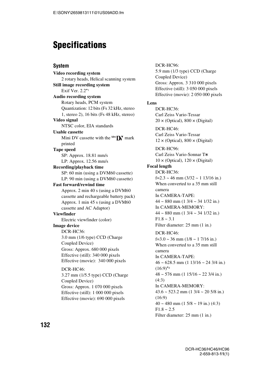 Specifications | Sony DCR-HC36 User Manual | Page 132 / 140