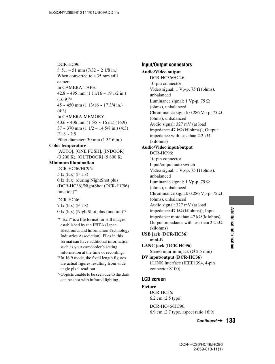 Input/output connectors, Lcd screen | Sony DCR-HC36 User Manual | Page 133 / 140